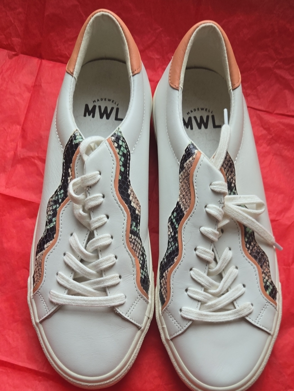 Madewell White Leather Sneakers with Snake-Print and Tan Trim